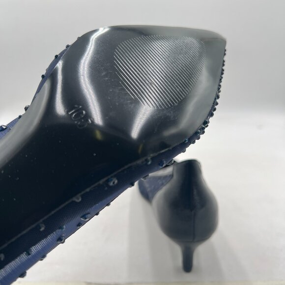 XYD Navy Pointed Toe Slip On Mesh Pumps Rhinestone Studs Comfy Kitten Heels Shoe - Picture 6 of 8